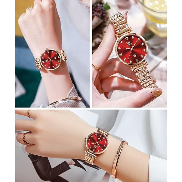 Women Rose Gold Stainless Steel Band Red Dial Quartz Small Face Waterproof Watch main image 5